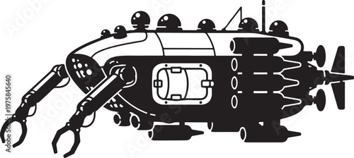 Black, steampunk-style submarine vector, industrial sci-fi illustration, metallic texture, nautical robotic vehicle