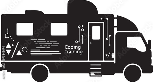 Black coding training RV, vector illustration, coding mobile classroom, programming vehicle