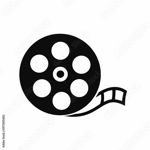 Classic film reel with trailing strip in black on a transparent background. Flat vector symbol for cinema, movie production, editing, archive footage, entertainment branding, and media apps.