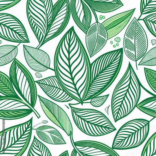 Seamless pattern of detailed green leaves on a white background