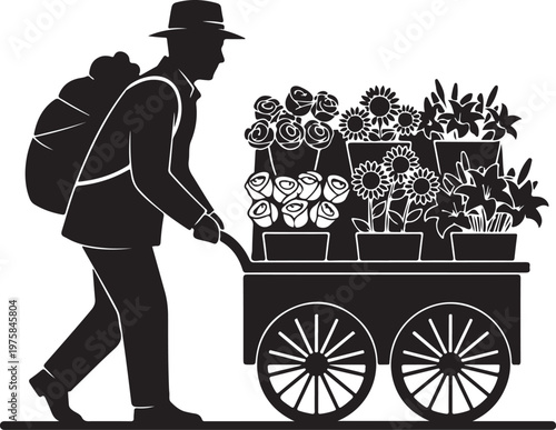 Black silhouette flower vendor, man pushing cart with plants, gardening illustration, floral seller