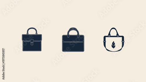 Three vector illustrations of different bag styles; briefcase, business, and shoulder