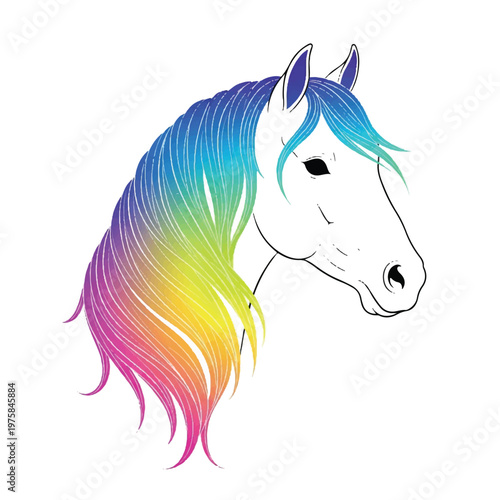 Elegant white horse head with vibrant rainbow mane illustration.