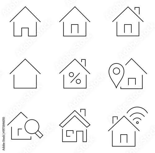 Set of line icons related to real estate, property, buying, renting, house, home. Outline icon collection. Editable stroke. Vector illustration. Linear business symbols