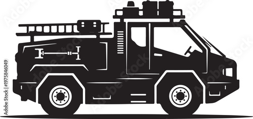 Fire truck, emergency vehicle, rescue car, black silhouette, vector illustration
