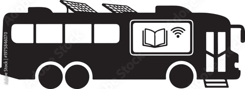 Black bus icon, solar powered, WiFi, education symbol, vector graphic