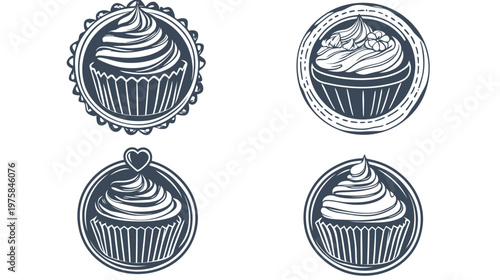 Four circular dessert illustrations, each featuring a cupcake, with different styles of frosting, within