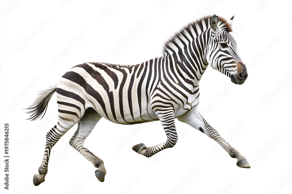 Fototapeta premium Striped zebra running in profile isolated on a white background