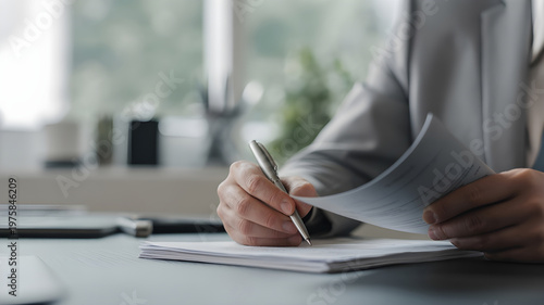 Focused business professional taking notes during a meeting or important discussion at office