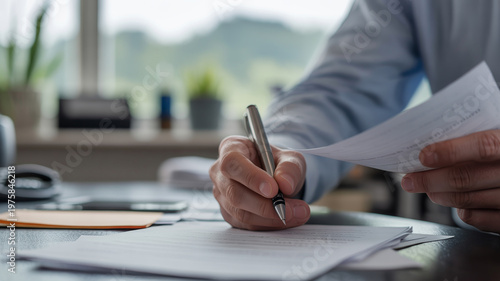 A person is signing a document with a pen on a desk in an office setting