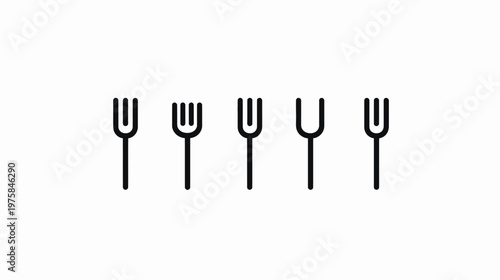 Five minimalist fork illustrations of different designs on a white background, black and white color scheme