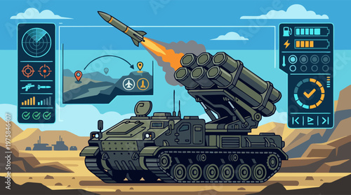 Tactical rocket launcher launching missile. Armored vehicle defense system. Military vector