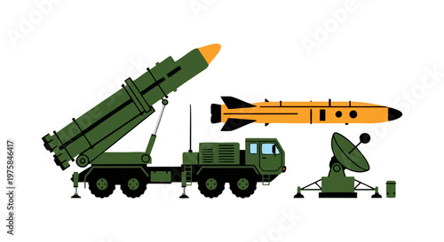 Military missile launcher truck, cruise missile, and radar station vector icon set.