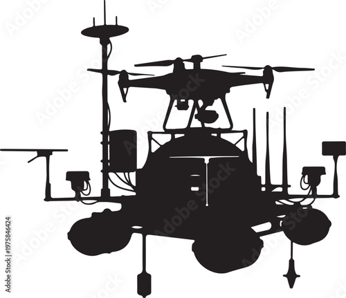 Black silhouette drone, unmanned aerial vehicle, surveillance aircraft, vector graphics