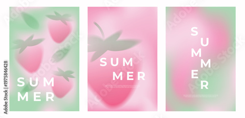 Set of three vertical summer posters featuring abstract blurred strawberry shapes. Minimalist design with soft pink and green gradients, stylish typography and fresh seasonal aesthetic