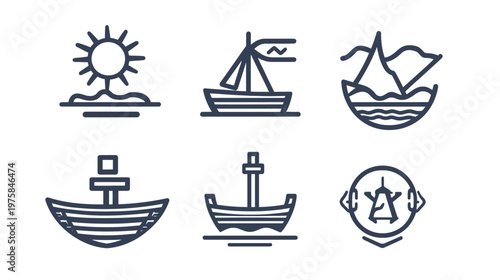Six minimalist nautical themed icons in navy blue, depicting boats, sun, waves, and a stylized windmill
