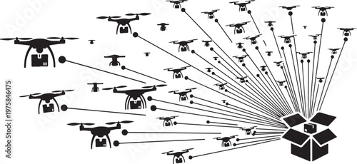 Drone swarm, flying drones, black icons, vector graphics, aerial technology, robotic flight