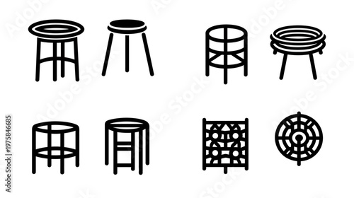 Collection of minimalist black and white line art depicting different designs of stools and seats