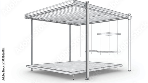 A sketch of a modern outdoor structure with platform and shelves, rendered in shades of grey