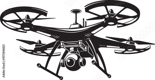 Drone, quadcopter, aerial, vector icon, black silhouette, robotic aircraft
