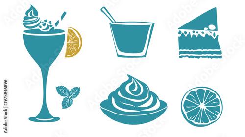 Illustration featuring beverages, dessert elements, and decorative leaves against a white background
