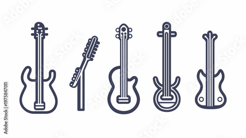 Collection of simplified, outlined illustrations of various electric guitars in different poses