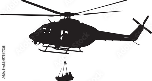 Black helicopter silhouette, rescue mission, people transport, aerial lift, vector illustration
