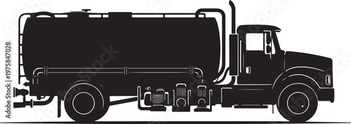 Black silhouette truck, fuel tanker, vehicle icon, transportation illustration