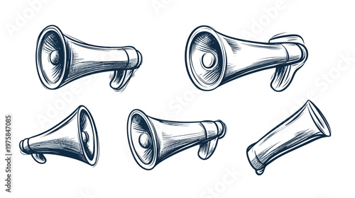 Hand-drawn set of megaphones in various perspectives, rendered with a grunge aesthetic