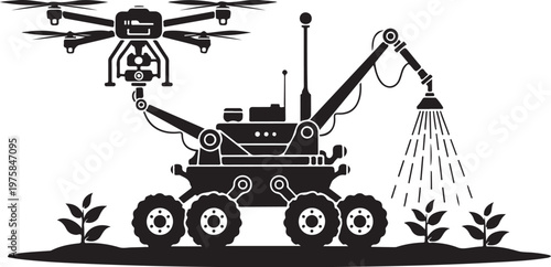 Robotic farming equipment, autonomous tractor, drone, irrigation system, black vector icons