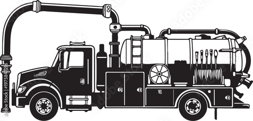 Fire truck, emergency vehicle, rescue truck, black and white illustration, vector graphics