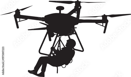 Drone, man, silhouette, vector, aerial, quadcopter, robotics, flying, transportation, technology