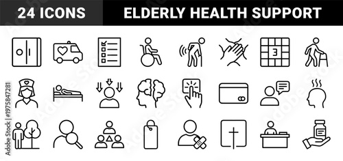 Senior healthcare and nursing home line icon set