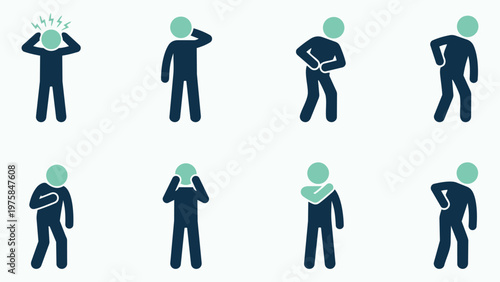 Set of Human Figures Illustrating Different Types of Physical Pain and Aches