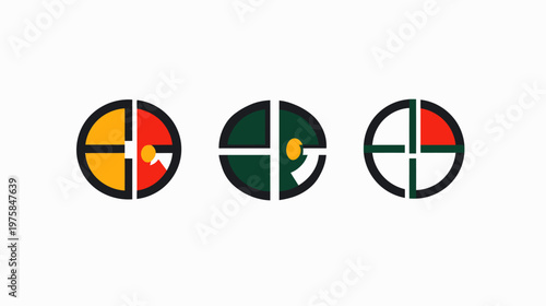 Three minimalist circular designs with segmented colors, a dot, and white arrow shape