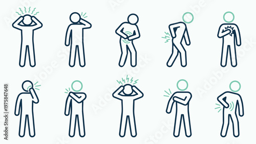 Set of Stick Figure Icons Representing Various Types of Physical Pain and Body Aches