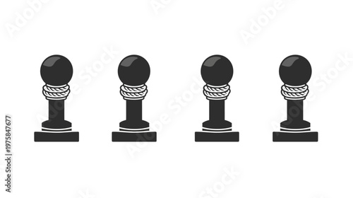 A symmetrical, minimalist design of four stylized, dark-colored posts with rounded tops and rope detailing