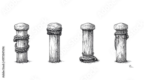 Line art illustration of four wooden bollards with ropes tied around them, isolated on white background