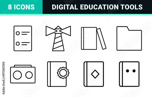 Minimalist digital library and education line icon set