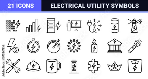 Electrical power and energy efficiency minimalist outline icon set