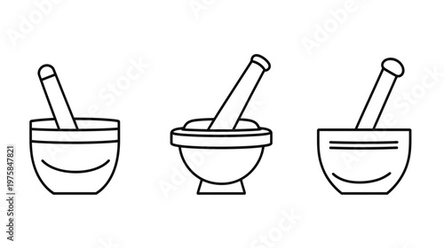 A minimalistic line art illustration depicting three mortar and pestle configurations on a white background