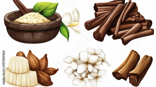 A collection of various spa and beauty elements. Featuring spices, flowers, and natural ingredients