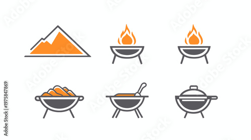 Collection of stylized icons featuring a mountain and various BBQ-related items