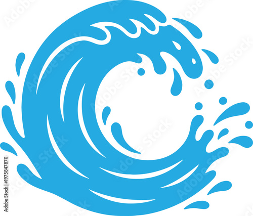 Blue sea water wave with liquid splash and circular curl silhouette icon