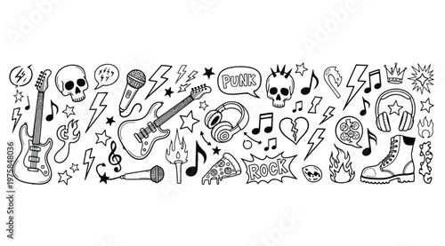 Set of hand drawn rock and roll music doodles, electric guitars, microphones, skulls, headphones, pizza, fire and musical notes