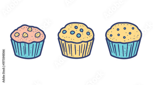 Three colorful muffins in pastel shades, with a dotted outline on a white background