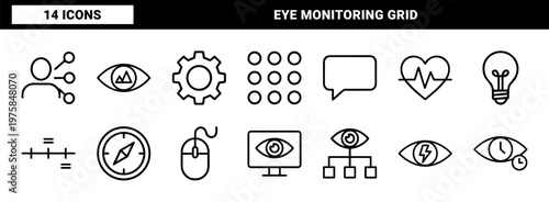 Minimalist business vision and eye monitoring outline icon grid