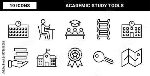 Solid education and university icons for academic learning and science