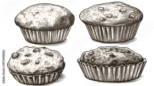Four baked muffins, each in a paper cup, shown in grayscale ink drawing style