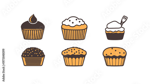 Six colorful, illustrated cupcakes with different toppings, arranged on a blank white background